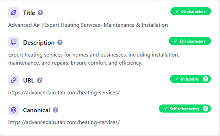 Advanced Air report excerpt: Service-page metadata. On-page SEO.