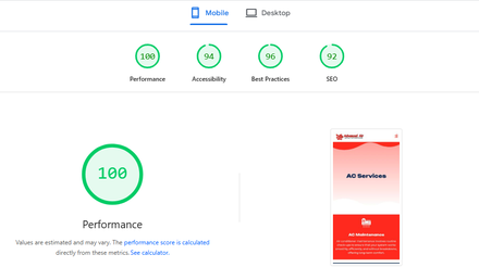 Advanced Air report excerpt: Mobile page experience. PageSpeed Insights.