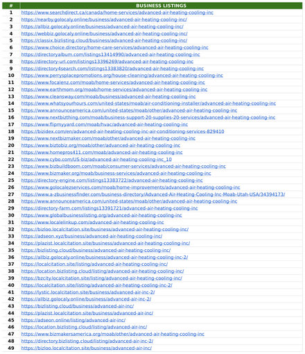 Advanced Air report excerpt: Business-listing activity. Off-page activity report.