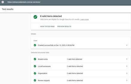 Advanced Air report excerpt: Service-page structured data. Rich Results Test.