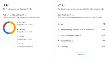 Bob Major Heating & Cooling report excerpt: Profile discovery and search terms. Google Business Profile.