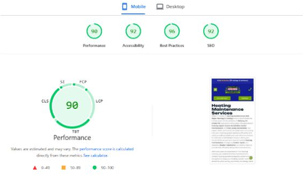 Bob Major Heating & Cooling report excerpt: Mobile page experience. PageSpeed Insights.