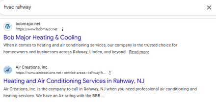 Bob Major Heating & Cooling report excerpt: HVAC search result in Rahway. Google Search.