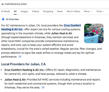 Cruz Comfort Heating & Air report excerpt: AI search visibility snapshot. Google AI Overview.