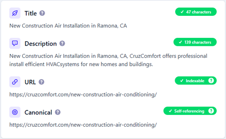 Cruz Comfort Heating & Air report excerpt: New-construction service-page metadata. On-page SEO.