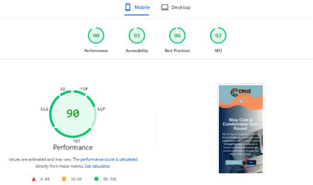 Cruz Comfort Heating & Air report excerpt: Mobile page experience. PageSpeed Insights.