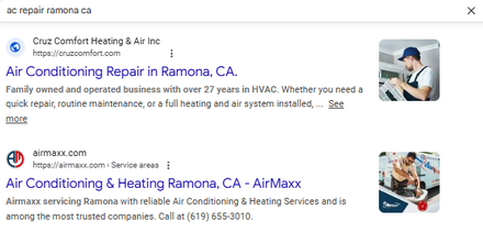 Cruz Comfort Heating & Air report excerpt: AC-repair search result in Ramona. Google Search.