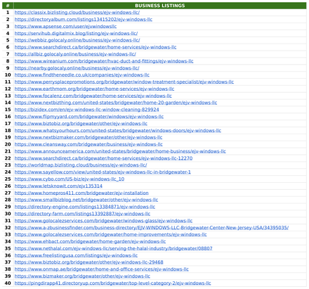 EJV Windows report excerpt: Business-listing activity. Off-page activity report.