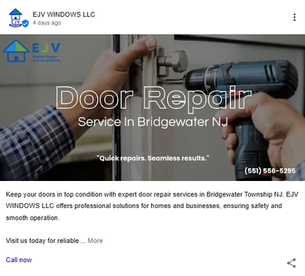 EJV Windows report excerpt: Door-repair profile update. Google Business Profile.