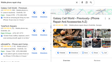Galaxy Cell World report excerpt: Business listing in search. Google Maps.