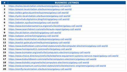 Galaxy Cell World report excerpt: Business-listing activity. Off-page activity report.