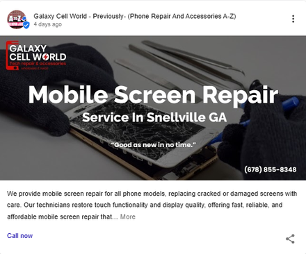 Galaxy Cell World report excerpt: Screen-repair profile update. Google Business Profile.