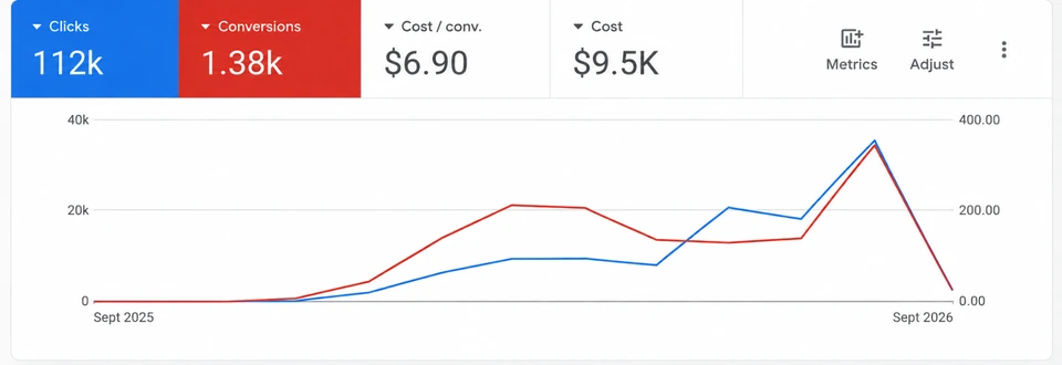 Illustrative Google Ads dashboard with conversion data.