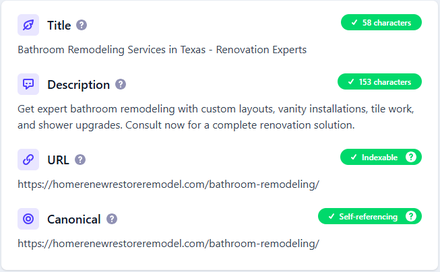 Icon Remodeling Dallas report excerpt: Content and search presentation. On-page SEO.