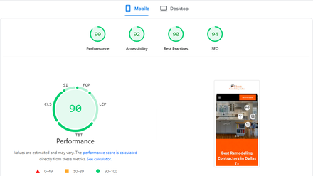 Icon Remodeling Dallas report excerpt: Mobile page experience. PageSpeed Insights.