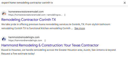 Icon Remodeling Dallas report excerpt: Remodeling search result in Corinth. Google Search.
