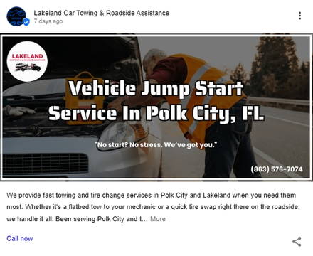 Lakeland Car Towing report excerpt: Roadside-assistance profile update. Google Business Profile.