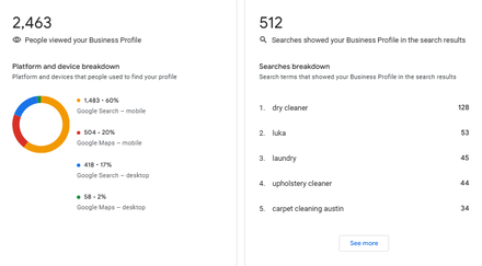 Luka Chem-Dry report excerpt: Search and Maps discovery. Google Business Profile.