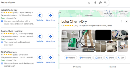 Luka Chem-Dry report excerpt: Business information in local results. Google Maps.