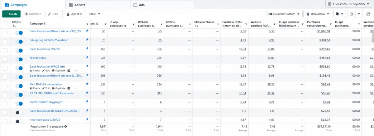 Illustrative Meta Ads campaign table showing website purchases, purchase ROAS and conversion value.
