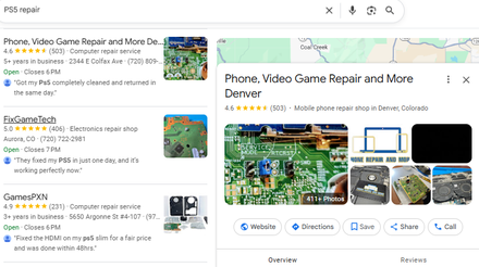 Phone Repair and More report excerpt: Local listing presentation. Google Maps.