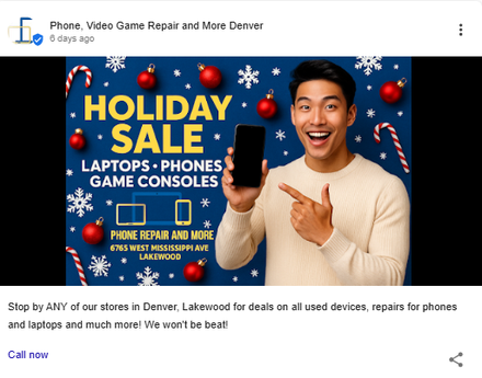 Phone Repair and More report excerpt: Repair-store promotional update. Google Business Profile.