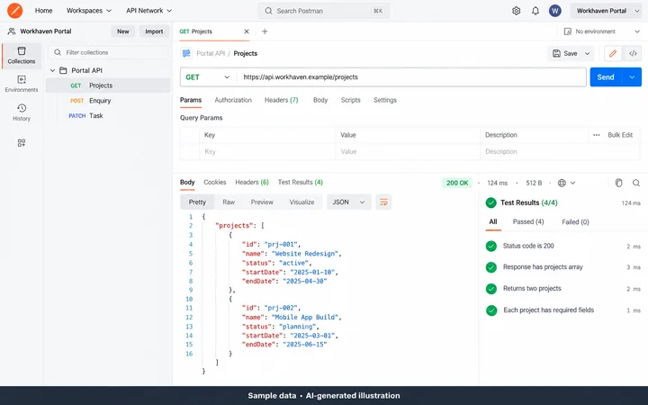 Postman: API request and response validation. AI-generated illustration.