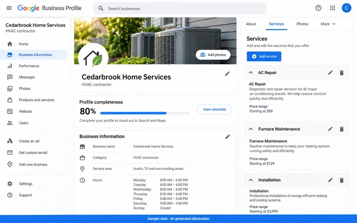 Google Business Profile: Business profile and service details. AI-generated illustration.
