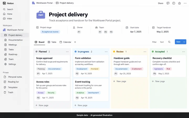 Notion: Project acceptance and handover. AI-generated illustration.