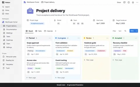 Notion: Project acceptance and handover. AI-generated illustration.