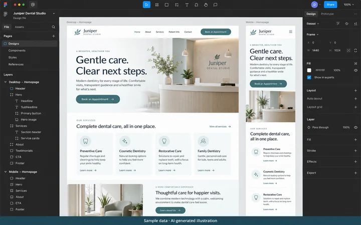 Figma: Desktop and mobile design review. AI-generated illustration.