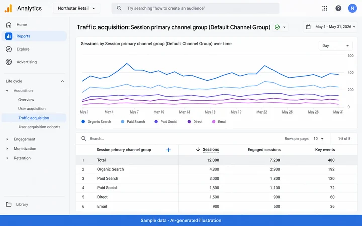 Google Analytics 4: Traffic acquisition by channel. AI-generated illustration.