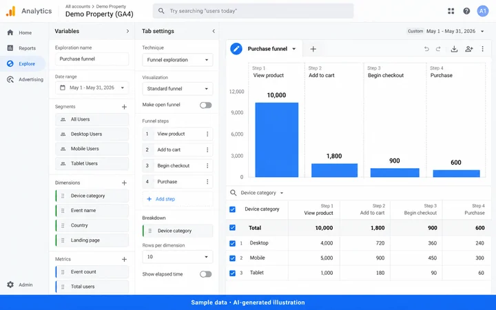 Google Analytics 4: Purchase funnel exploration. AI-generated illustration.