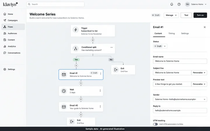 Klaviyo: Lifecycle email flow. AI-generated illustration.
