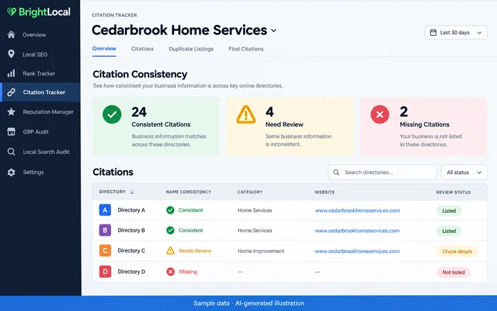BrightLocal: Citation consistency review. AI-generated illustration.