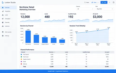 Looker Studio: Marketing overview dashboard. AI-generated illustration.
