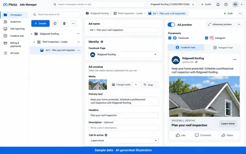 Meta Ads Manager: Ad creative and placement review. AI-generated illustration.