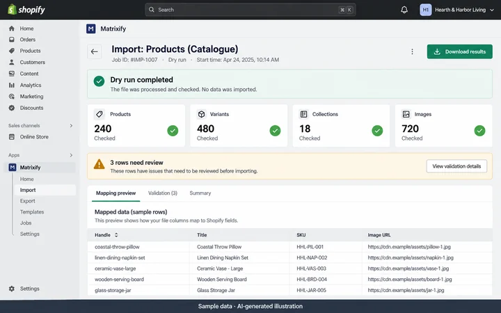 Matrixify / Shopify: Catalogue import and reconciliation. AI-generated illustration.