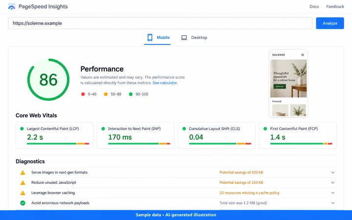 PageSpeed Insights: Page experience diagnostics. AI-generated illustration.