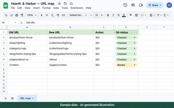 Google Sheets: Migration URL mapping. AI-generated illustration.