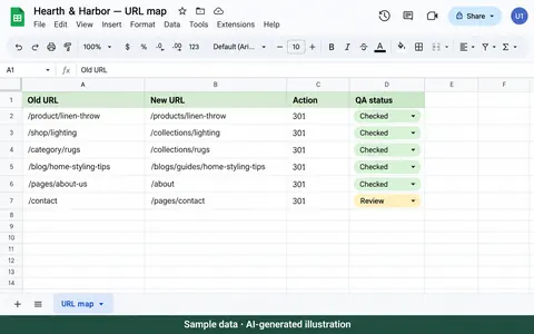 Google Sheets: Migration URL mapping. AI-generated illustration.