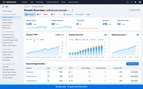 Semrush: Search opportunities and domain overview. AI-generated illustration.
