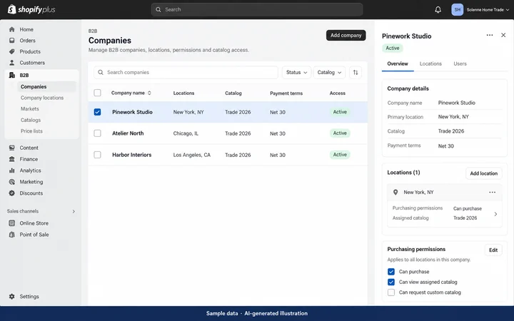 Shopify Plus: B2B catalogue and company access. AI-generated illustration.