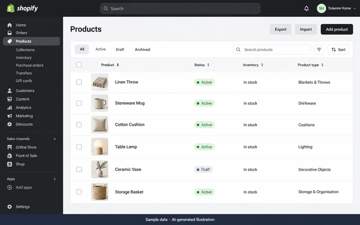 Shopify: Product catalogue management. AI-generated illustration.