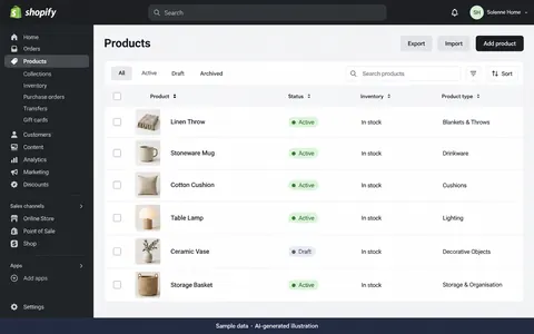 Shopify: Product catalogue management. AI-generated illustration.