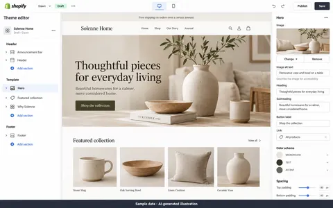 Shopify: Storefront theme editor. AI-generated illustration.