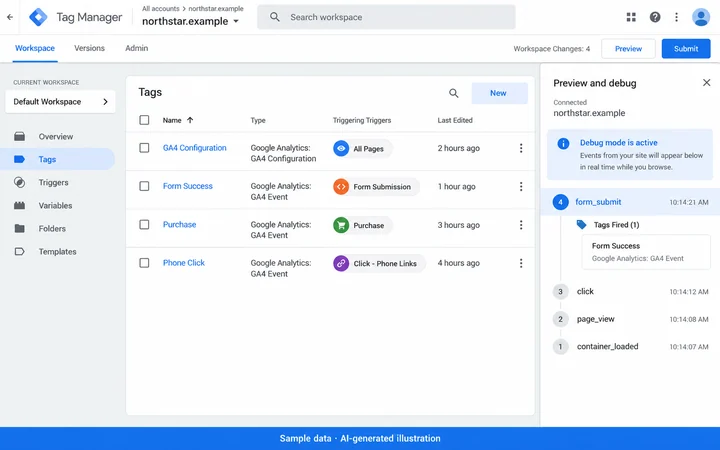 Google Tag Manager: Event tagging and validation. AI-generated illustration.