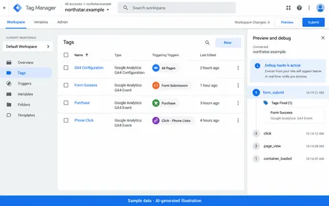 Google Tag Manager: Event tagging and validation. AI-generated illustration.