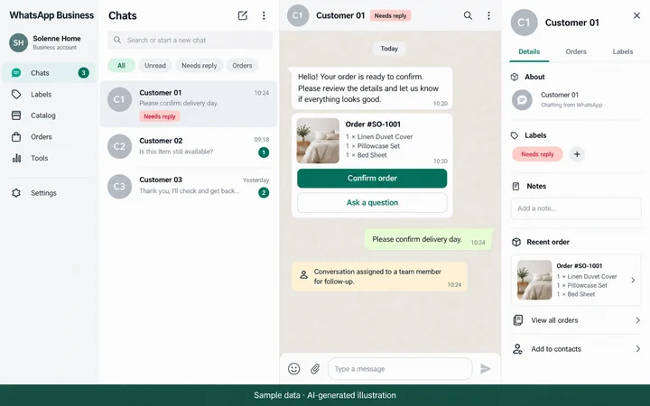 WhatsApp Business: Customer messaging and order follow-up. AI-generated illustration.
