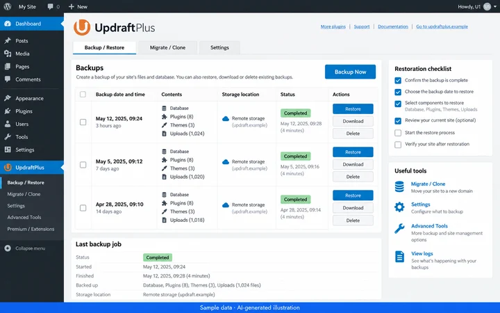 WordPress / UpdraftPlus: Backup and maintenance review. AI-generated illustration.